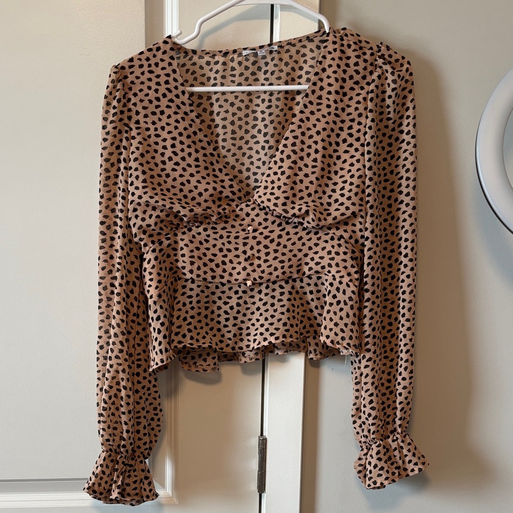 Polka Dot Ruffle Blouse - Black and Tan